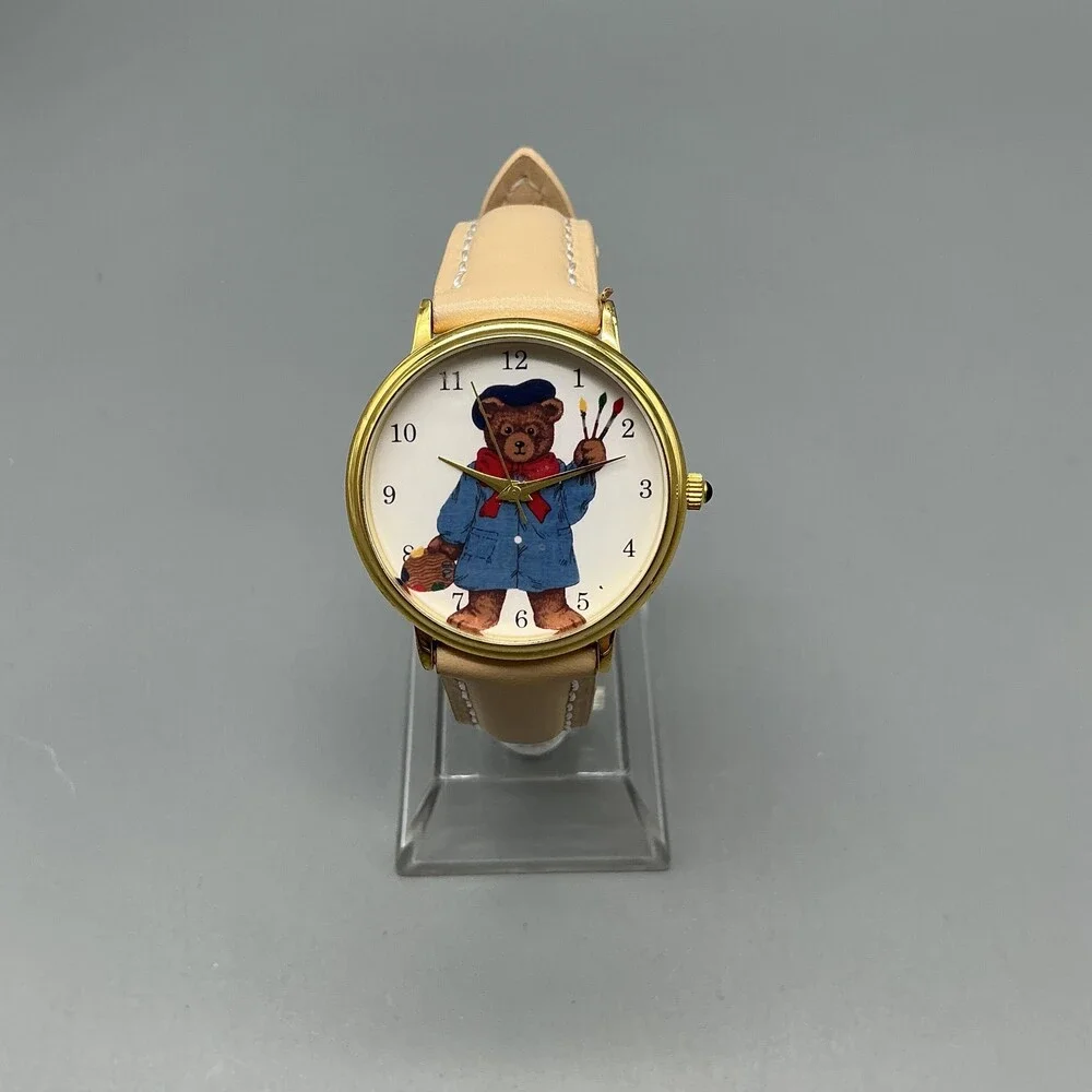 Womens Watch 33mm Brown Bear Dial Gold Tone Beige Leather Strap New Battery